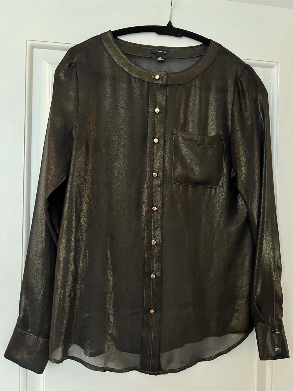 Metallic Olive/Bronze Green Long Sleeve Sheer Button-Front Women’s Shirt